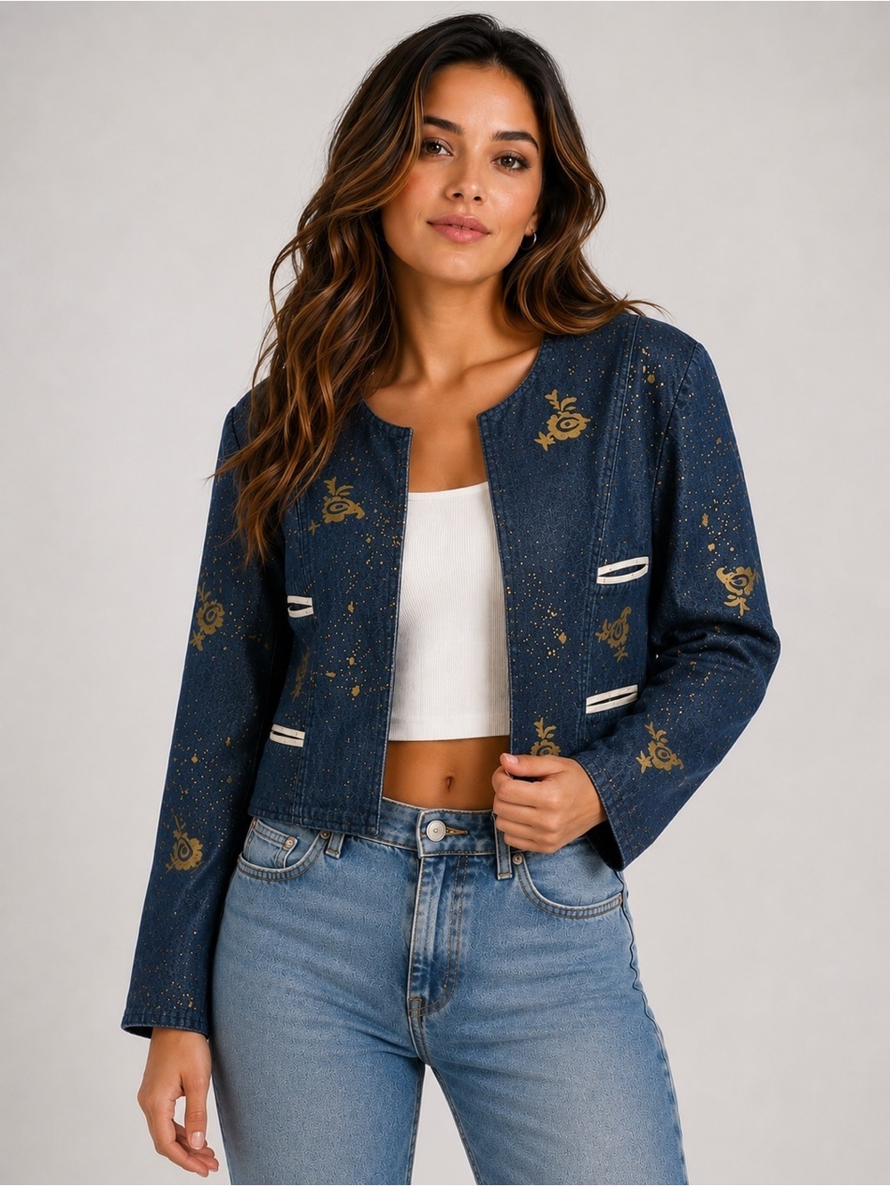Howard Wolf Vtg Denim Cropped Blazer Jacket Gold Paint Splatter Floral Size 8